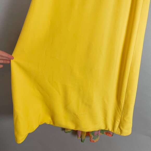 Vintage 1960s Dress Handmade Floral Train Yellow Crepe Empire Waist Bow Back - Picture 3 of 10